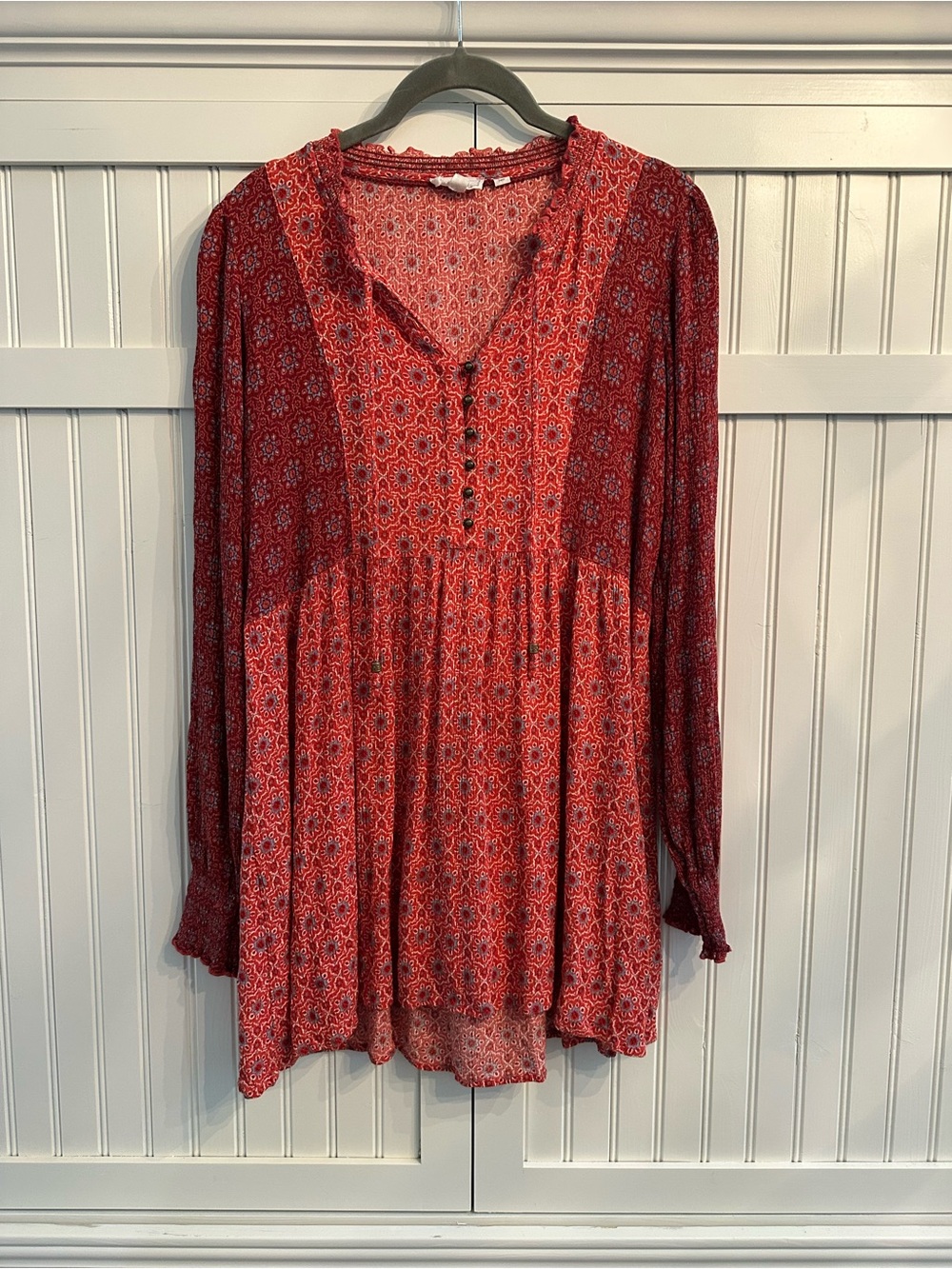 Fat Face Gerry Geo Red and Light Blue Patterned Tunic Top US 6